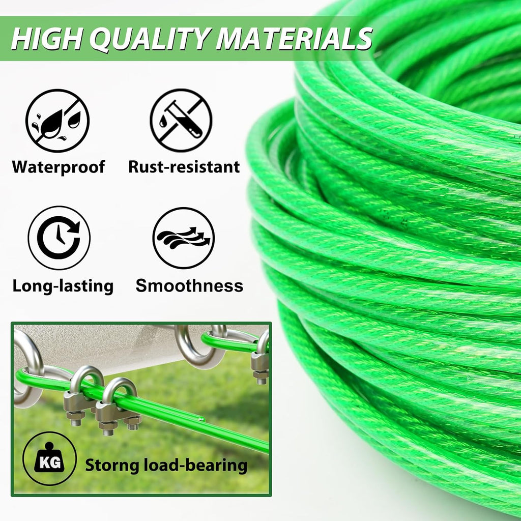 3/16" Wire Rope, 100 Ft PVC Coated Wire Cable Metal Steel Cable Trellis Kit, Multi-use Clothes Line Cable for T Post/Climbing Grapevines Plants Outdoor/String Light Hanging Kit