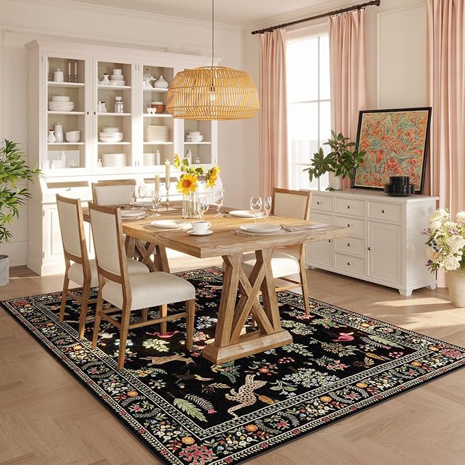 Rugcomf Living Room Rug 5x7 Rug Machine Washable Boho Area Rug Non Slip Floral Animal Vintage Low Pile Large Rugs for Living Room, Bedroom, Farmhouse, Dining Room, Kids Playroom (Black)