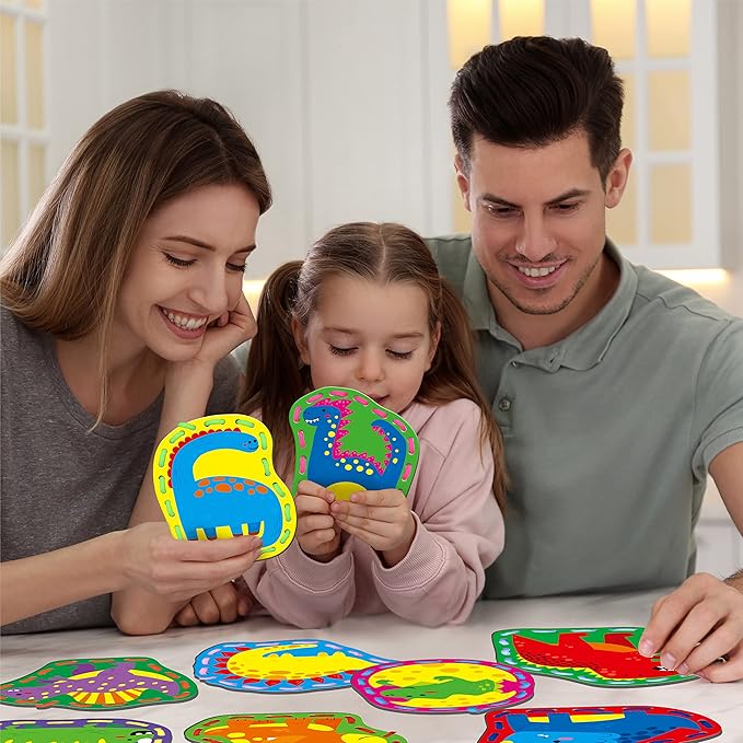 9 Pieces Kids Lacing Cards, Double Sided Sewing Cards in 9 Dinosaurs with 9 Colorful Laces, Imagination Development Lacing Toys Games for Children Educational and Learning Activity