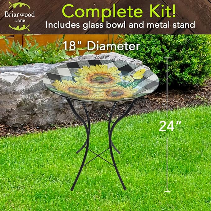 Briarwood Lane Checkered Sunflowers Summer Glass Birdbath