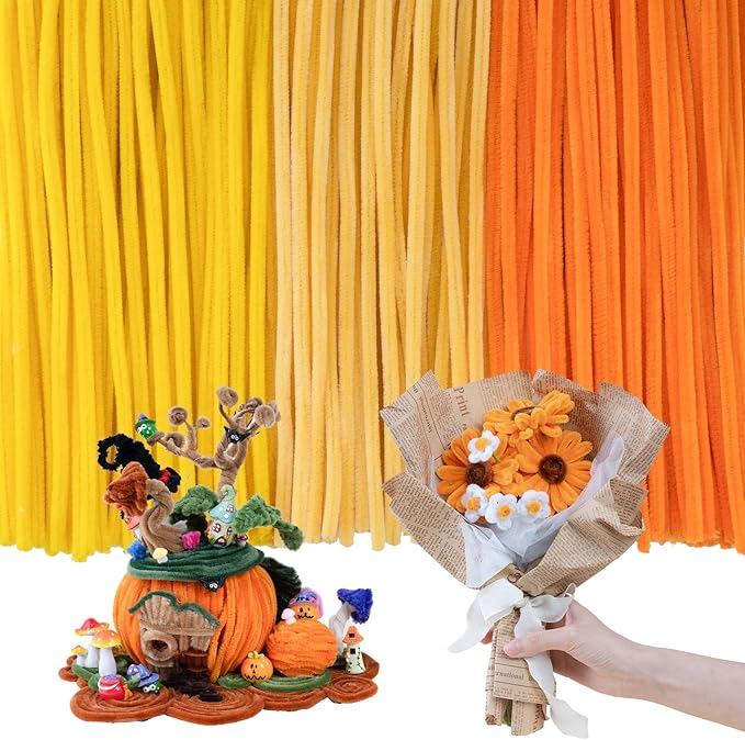 Caydo 300 Pieces Yellow Orange Pipe Cleaners, Thick Fluffy Chenille Stems, Pipe Cleaner Crafts for Arts & Crafts, Perfect for Making Animals, Flowers, and Festive Decorations