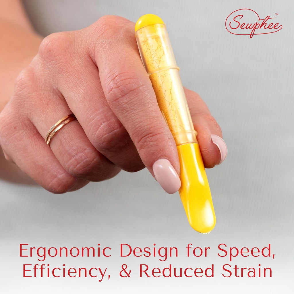 Fabric Markers for Sewing – Ergonomic Tailors Chalk Pen with Improved Dosing Wheel for Sharp Lines - Washable Sewing Chalk Marking Pens that are Compatible with Most Fabrics - White and Yellow 2 Pack