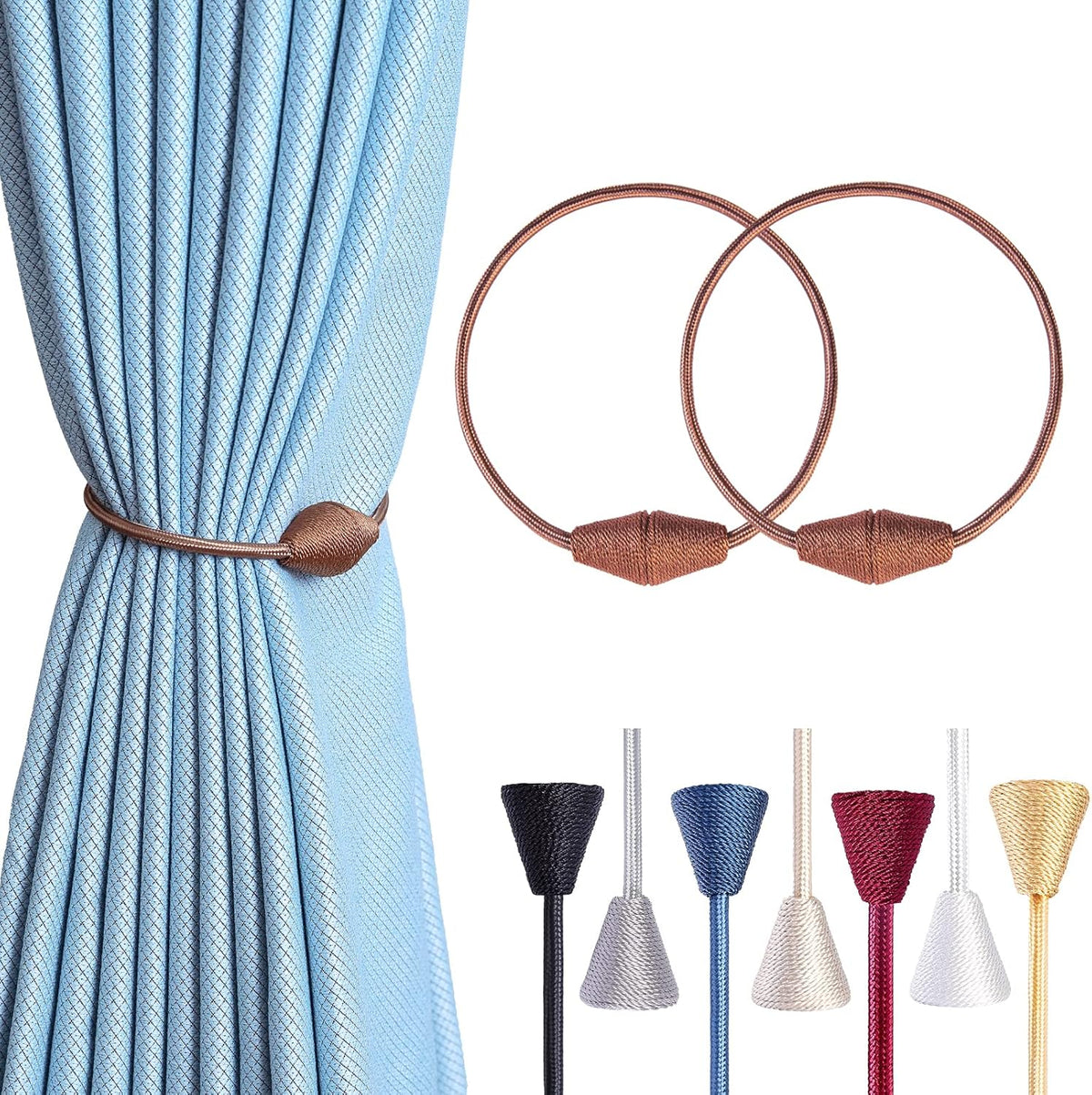 2 PCS Magnetic Curtain Tiebacks, European Style Convenient Drape Tie Backs Holdbacks for Thin or Thick Home & Office Window Draperies, No Tools Required（Light Coffee