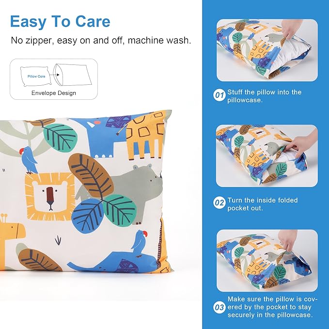 TILLYOU Toddler Pillowcases 13 x 18 Travel Pillow Case 2 Pack, Kids Pillowcases Machine Washable with Envelope Closure, Animal Geometry & Blue