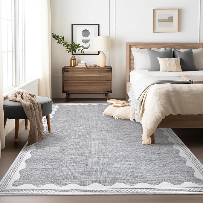Scalloped Washable Rug 5x7 Area Rugs for Living Room, Solid Grey Rug for Bedroom Girls, Non Slip Scalloped Rug Throw Rugs with Rubber Back, Soft Dorm Nursery Low Pile Carpet for Dining Room