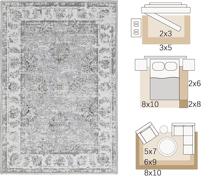 jinchan Floral 3x5 Area Rugs for Entryway - Machine Washable Taupe Vintage Distressed Design Doormat Non-Slip Ultra-Thin Low Pile Boho Rug for Kitchen Living Room Bedroom Farmhouse (3‘x5',Grey)