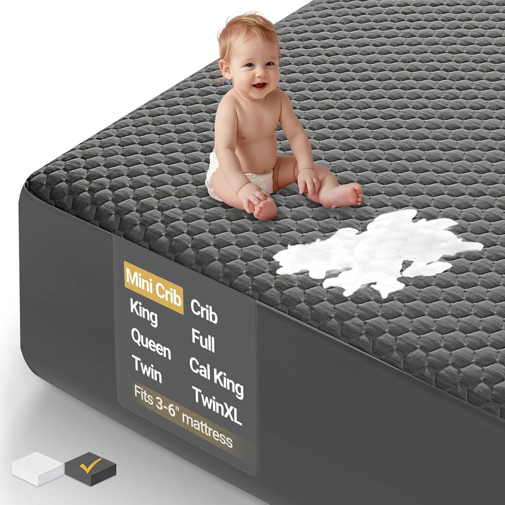 OhGeni Waterproof Mattress Protector, Mini Crib-Gray, Fitted Sheet with Stretchable Pockets, Deep Sleep Noiseless Soft. Breathable Cooling Hypoallergenic Material, Mattresses Cover for Bed