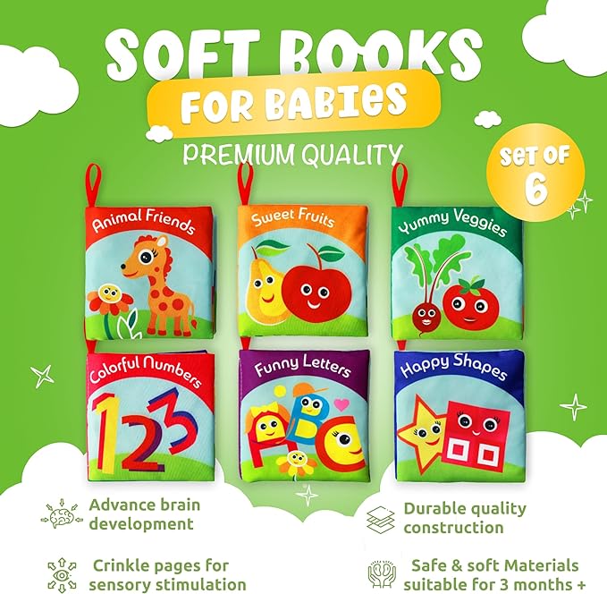 Cloth Books for Babies (Set of 6) - Premium Quality Soft Books for Babies. Touch and Feel Crinkle Paper. Cloth Books for Early Children's Development.