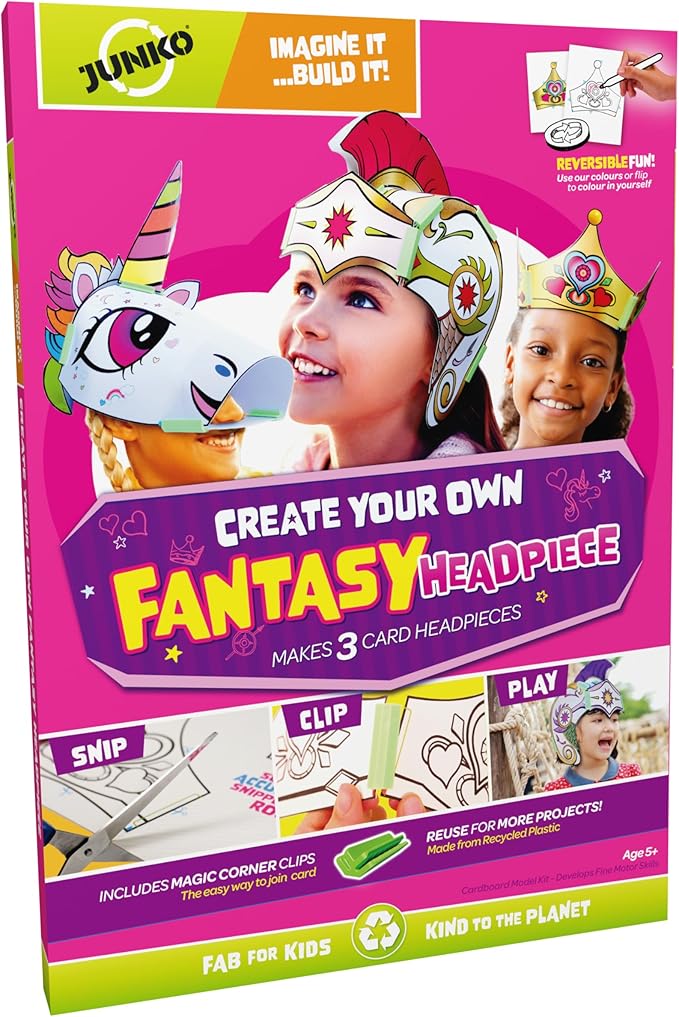 JUNKO Create Your Own Unicorn, Princess Crown & Warrior Helmet | Build and Color Paper Craft Kit for Girls | Ages 6-10