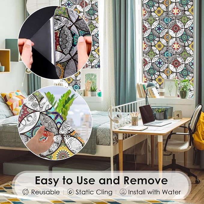 DKTIE Boho Chic Window Privacy Film with Installation Tools - Soften Light, Reduce UV Rays, Decorative Stained Glass Window Tinting Film for Home, 35.4 x 78.7Inch