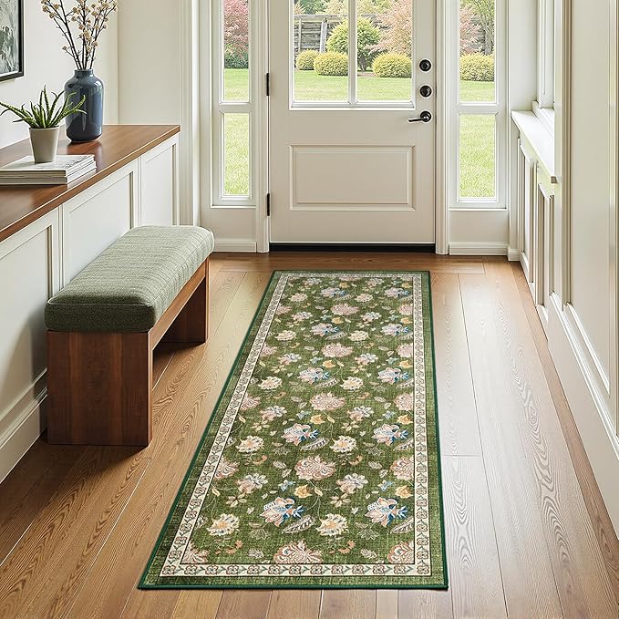 jinchan 2x5 Floral Runner Rug for Hallway Washable Kitchen Runner Vintage Romance Design Non Slip Thin Indoor Floor Cover Low-Profile Throw Carpet for Entryway Bathroom Bedroom Porch, Green