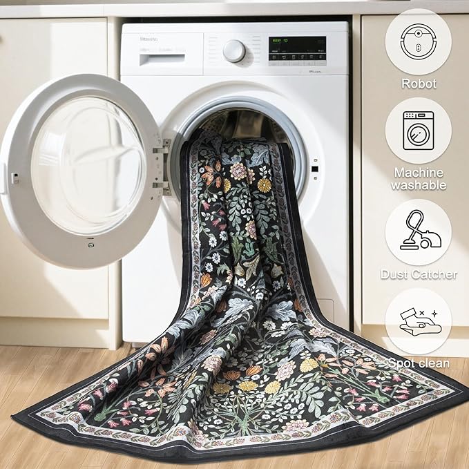 Runner Rug for Entryway: 2.6x8 Kitchen Rugs Non Slip Washable Ultra-Thin Soft Floral Carpet Indoor Stain Resistant Carpets for Hallway Bedroom Kitchen Laundry Bathroom Dorm Dark Black