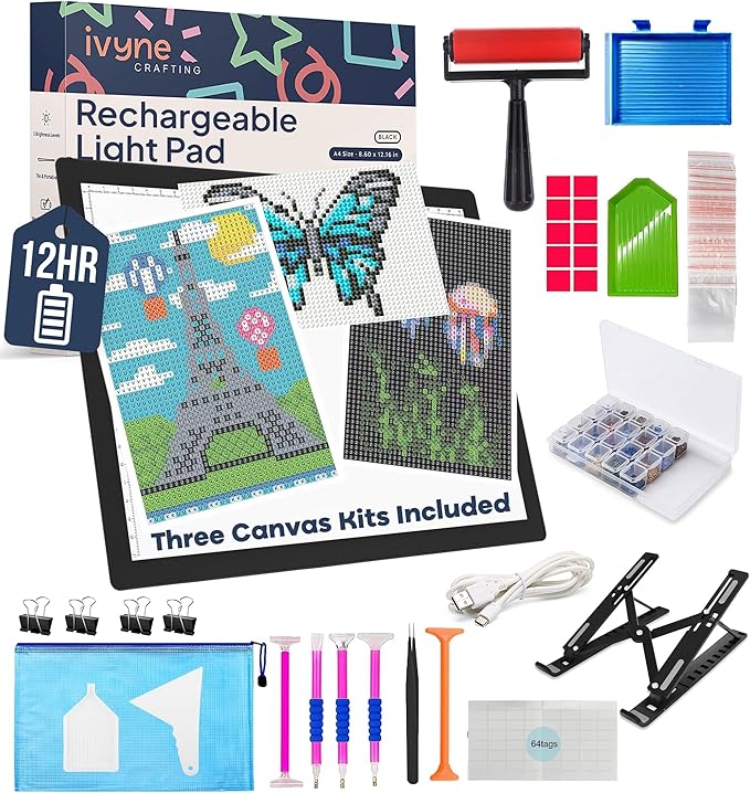 iVyne Rechargeable A4 Light Pad for Diamond Painting & Art Projects – LED Light Board with Diamond Art Accessories – Ultra-Thin & Portable Diamond Dot Light Board, Perfect for Artists - Black