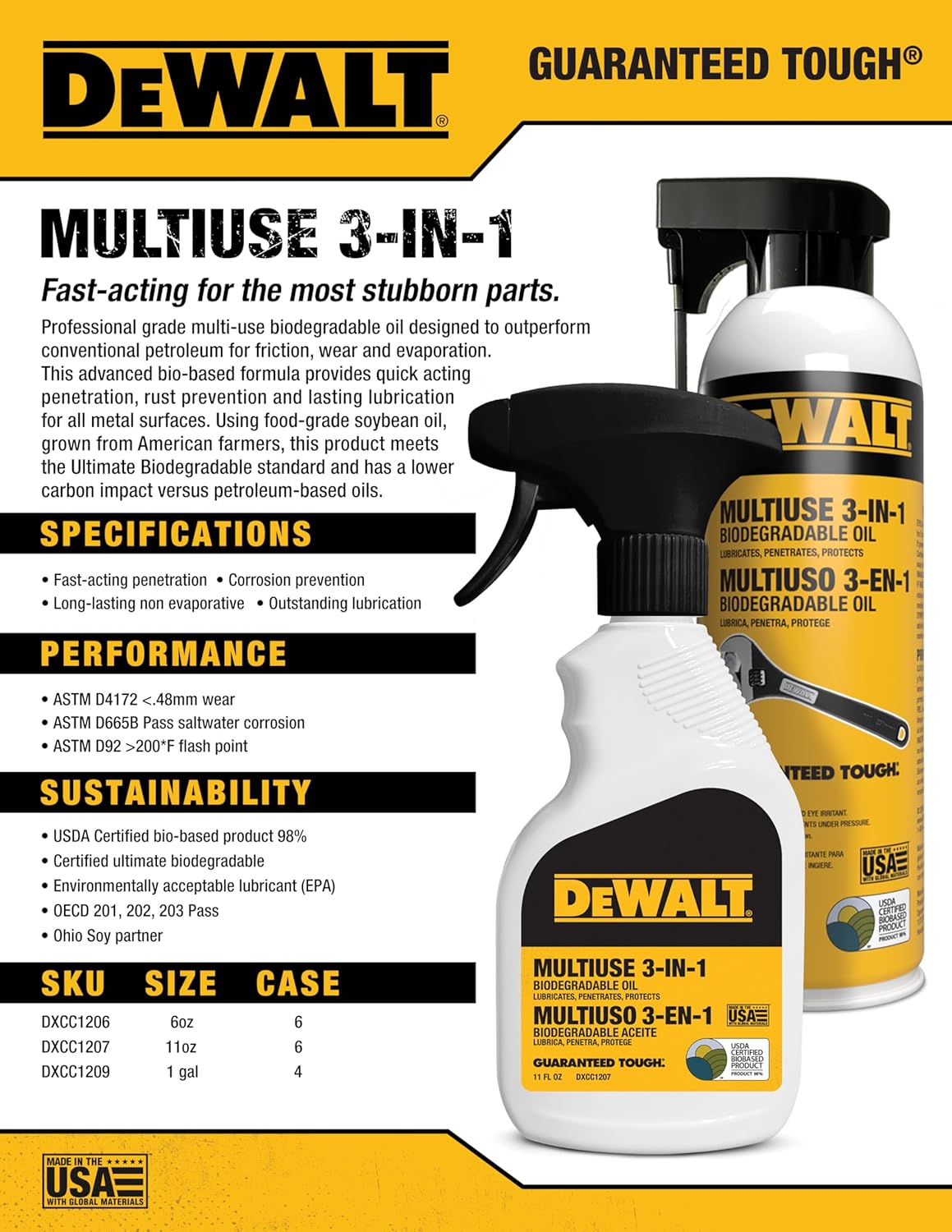 DEWALT 3 in 1 Multi Purpose Biodegradable Penetrating Oil – Professional Grade Lubricant for Machines, Tools, Doors Hinges and Much More, – Fast Acting Lubricating Formula, 11 oz