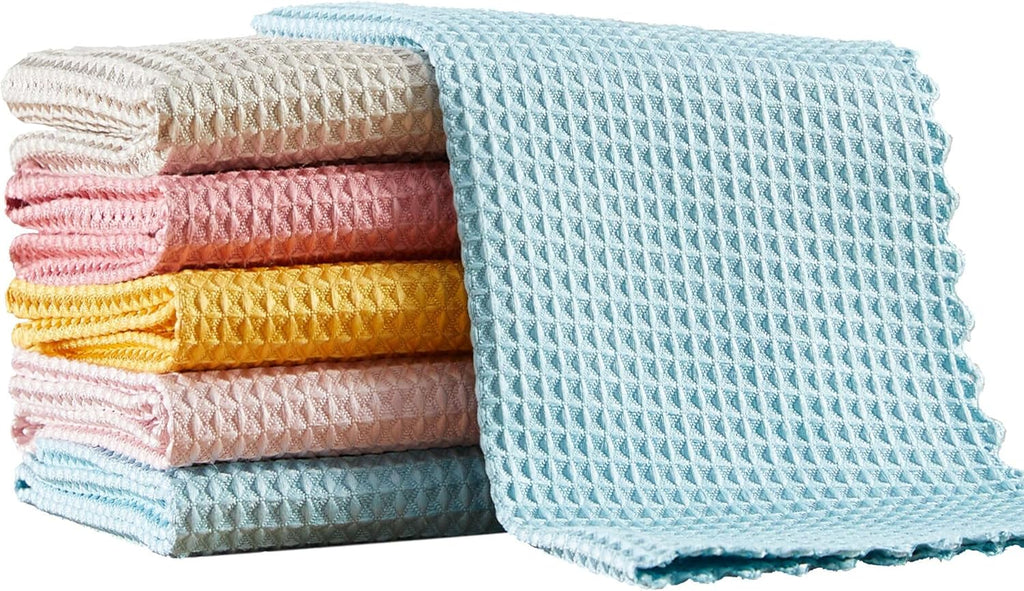 JOYMOOP Waffle Weave Cleaning Cloth, Reusable Absorbent Microfiber Cleaning Cloths, Lint Free Microfiber Dish Towels 5 Pack, Mixed Color, 11.8×15.7inch