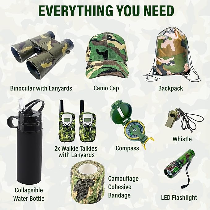 Outdoor Adventure Kit for Kids – Premium Camouflage Camping Gear with Walkie-Talkies – Military Style Toys – 10 in 1 Bundle – Ideal for All Ages and Genders