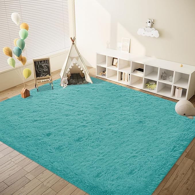 8x10 Area Rug for Living Room: Fluffy Shag Soft Washable Rugs Large Fuzzy Plush Indoor Carpet for Bedroom Nursery Playroom Kids Girls Boys Room (Teal Blue, 8'x10')