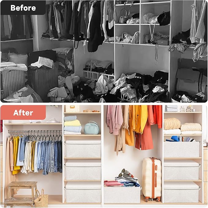 Large 17''x12'' Quart Collapsible Stackable Storage Bins with Lids, 6 Packs Off White Fabric Closet Boxes with Lids, Storage Cube Baskets Container Organizers for Bedroom Office(17''x12.2x''8'')