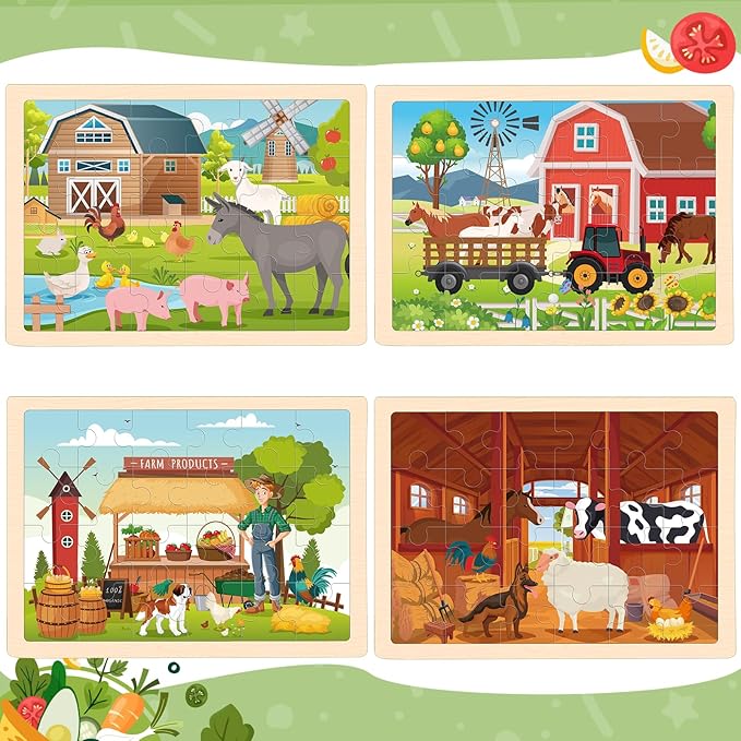 Wooden Farm Puzzles for Kids Age 3 4 5 Year Old, 4 Pack 24 Pcs Montessori Toddler Jigsaw Puzzles for Girl boy Activities Preschool Learning Educational Birthday Gift