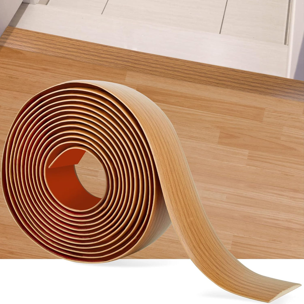 16.4Ft Floor Transition Strip Self Adhesive Vinyl Cover Floor Strip Flat Divider Transition Strip Wood Grain Design for Laminate Floor Gaps and Doorway Transitions (16.4Ft x 2 Inch, Light Brown)