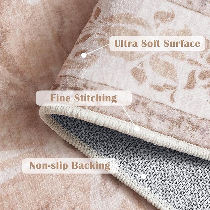 jinchan Vintage Floral Runner Rug 2x5 - Machine Washable Distressed Design Non-Slip Low-Pile Soft Thin Carpet for Hallway Kitchen Farmhouse Bedroom Entryway Laundry Room (2x5ft,Coral Pink)