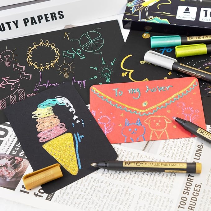 Betem Metallic Paint Markers, 18 Colors Acrylic Paint Markers for Black Paper，2mm Medium Tips Metallic Glitter Pens for Scrapbooking, Rock Painting, Greeting Cards, Photo Albums, DIY Art Crafts