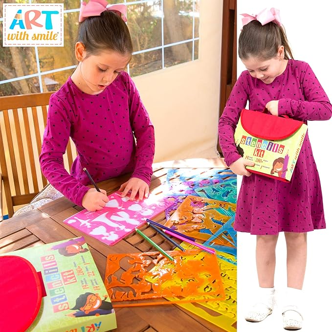 Drawing Stencils for Kids Kit & Carry Case – – Child-Safe, Non-Toxic Stencil Set with 300 Shapes, Colored Pencils, Paper, Etc. – Birthday Gifts & Travel Art Supplies for Creativity, Learning and Fun