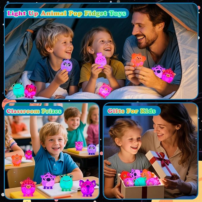 Light Up Animal Pop Fidget Toys, 12 PCS Silicone Suction Toys, Glow Party Favors for Kids, Goodie Bags Stuffers, Birthday Gifts, Bulk Toys Prizes, Classroom Prizes