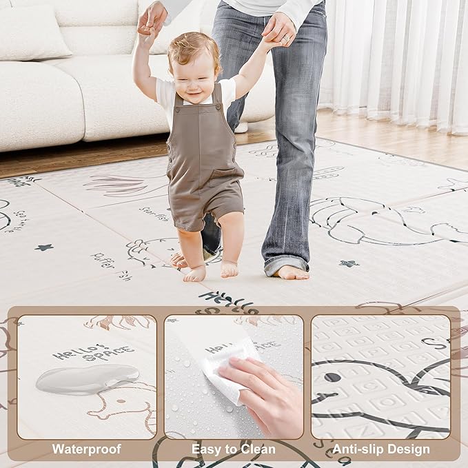 59x59 Baby Play Mat, Foldable Baby Mat for Floor Tummy Time and Crawling Mat, Waterproof & Anti-Slip Reversible Portable Play Mat for Toddler Infant