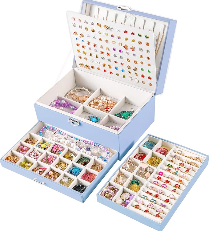 Earrings Jewelry Box for Girls, 5 Layers Jewelry Organizer with Earring Holder Organizer for Girls Earring Organizer Jewelry Boxes for Women Earrings and Necklaces Jewelry Box Organizer Blue