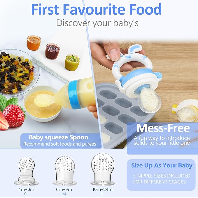 WAJIAYON Baby Fruit Feeder Pacifier | 2 Infant Food Feeder Pacifier & 2 Baby Food Dispensing Spoon | Fresh Fruit Teethers for Babies | Silicone Feeder Babies,Infant Teething Feeders (Blue-Rabbit)