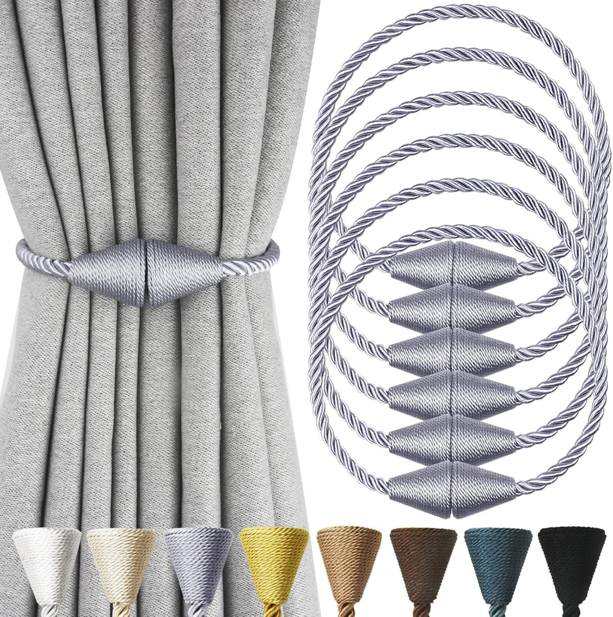 6 Pack Magnetic Curtain Tiebacks Rope Modern Handmade Curtain Tie Backs Decorative Drapes Weave Holdbacks for Window Décor, Grey