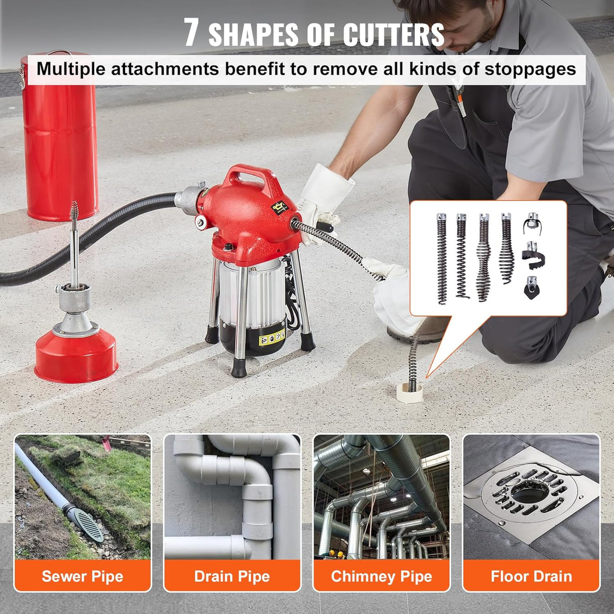 VEVOR Drain Cleaner Machine 120FT x 5/8 Inch, 370W Electric Sewer Snake Auger with 2 Sectional Steel Cables(120' x 5/8" and 23' x 3/8"), 7 Cutters and CW/CCW Control for 1.6" to 4" Pipes
