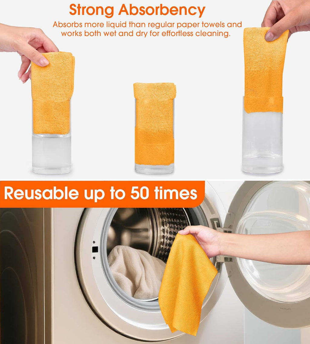 Roll of Microfiber Cleaning Cloth –100 Pack, Tear Away Microfiber Towels, Reusable, Washable, Scratch-Free, Cleaning Supplies, Kitchen Towels for Car, Home, Kitchen (Tangerine Yellow)