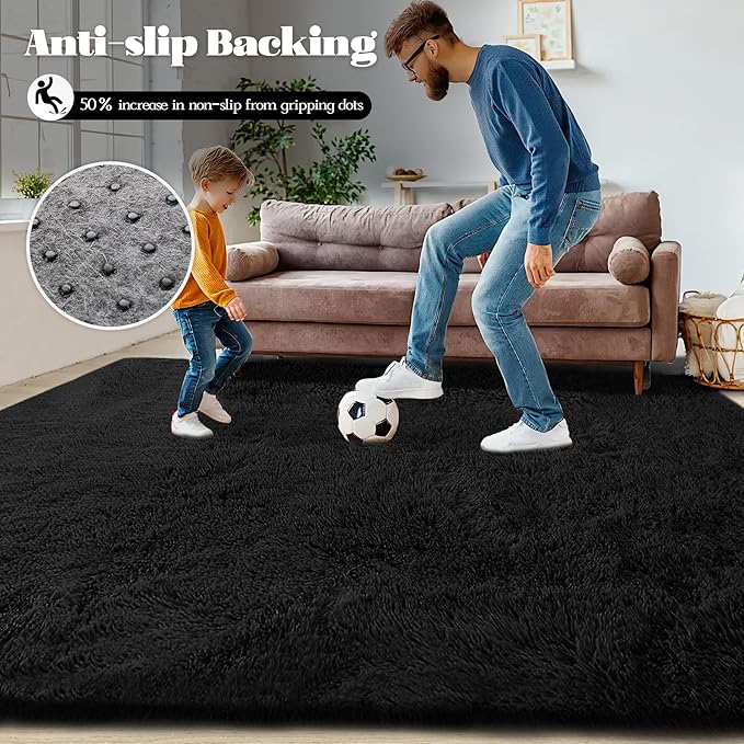 5x8 Area Rug for Living Room: Fluffy Shag Soft Washable Rugs Fuzzy Plush Indoor Carpet for Bedroom Nursery Playroom Dorm Kids Girls Boys Room (Black, 5'x8')