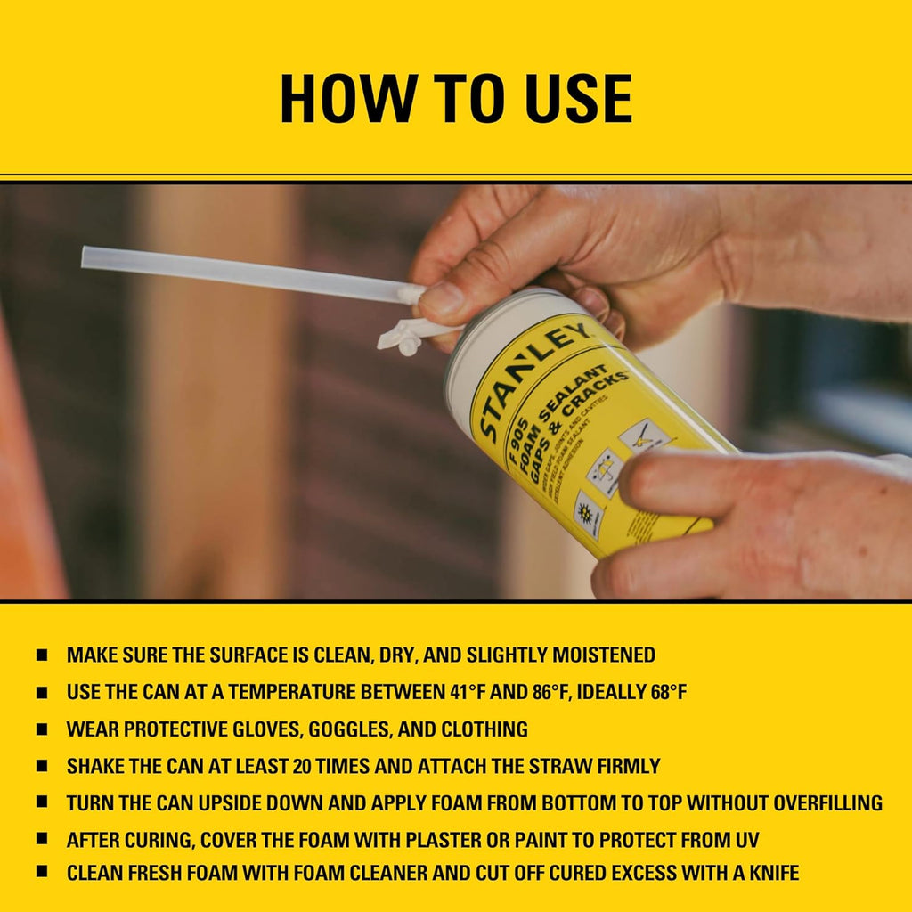 Stanley F905 Gaps & Cracks Sealant (12x12 Oz.) – Polyurethane Spray Foam Insulation for Window & Door, Waterproof Gap Filler, Low Expansion Foam for Indoor & Outdoor Use | Straw Use | 12 Oz. 12 Pack
