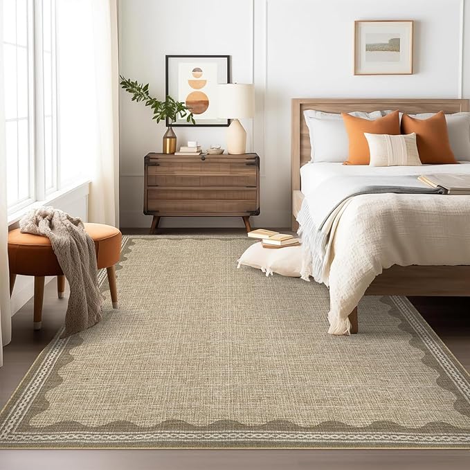 Scalloped Washable Rug 5x7 Area Rugs for Living Room, Solid Tan Rug for Bedroom Girls, Non Slip Scalloped Throw Mat with Rubber Back, Soft Dorm Nursery Low Pile Carpet for Dining Room