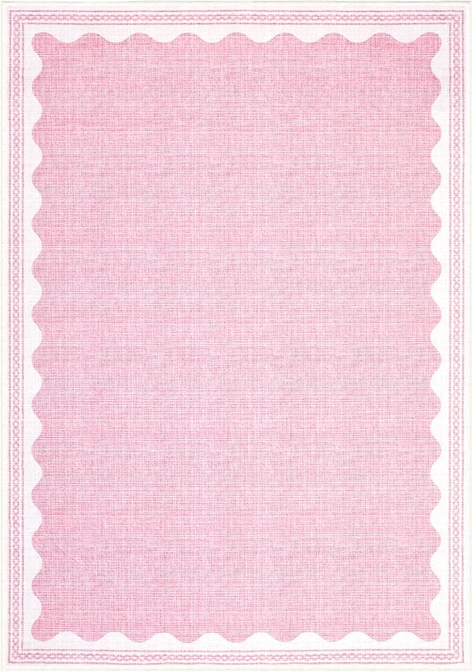 Scalloped Washable Rug 5x7 Area Rugs for Living Room, Solid Pink Rugs for Bedroom Girls, Non Slip Scalloped Rug Throw Mat with Rubber Back, Soft Dorm Nursery Low Pile Carpet for Dining Room