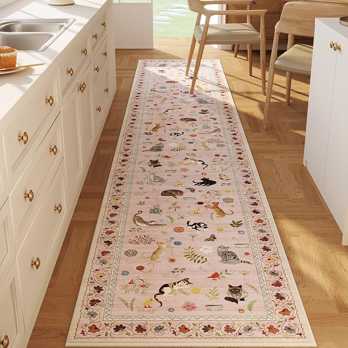 Rugcomf Runners for Kitchen Runner Rug Non Slip 2'x10' Long Washable Rugs with Rubber Backing Soft Floral Animal Cat Carpet Runner for Kitchen Laundry Bedroom Bathroom, Pink