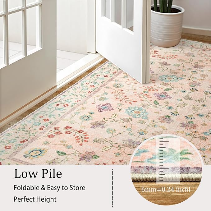 LOCHAS Washable Area Rugs 6x9, Pink Floral Rug for Living Room Bedroom Non Slip, Ultra Soft Vintage Indoor Carpet for Kids, Nursery, Dorm, Dining Room, Classroom, Boho Flower Home Decor, Low-Pile