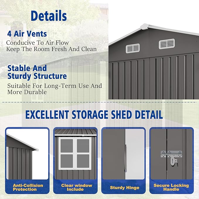 10x8 FT Outdoor Storage Shed with Window, Metal Sheds & Outdoor Storage with Lockable Door and 4 Vents, Outside Storage Shed Waterproof for Backyard, Garden, Patio, Gray