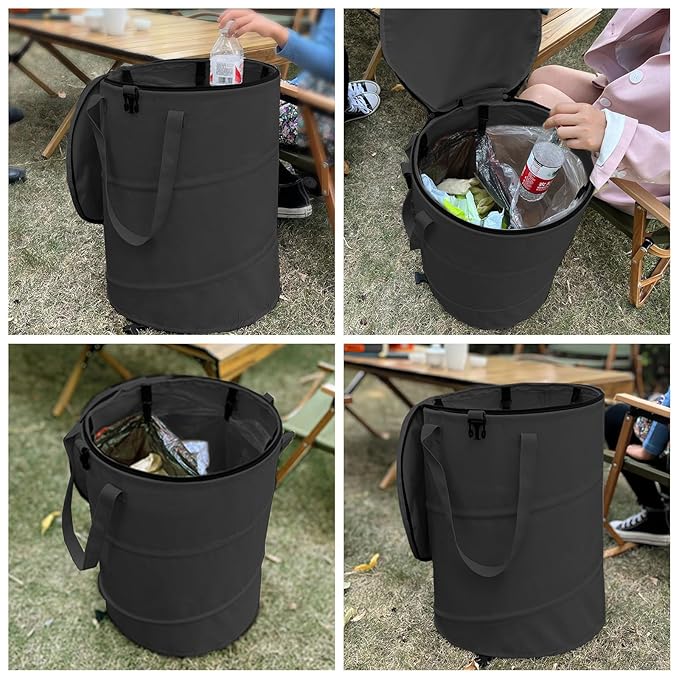 Pop up Camping Trash can with lid, 2-Pack Collapsible 24 Gallons Trash can with Sorting Clips, Garden Garbage Bag with Lid, Lawn and Leaf Bags - Reusable Yard Waste Bags (2Pcs-Black)
