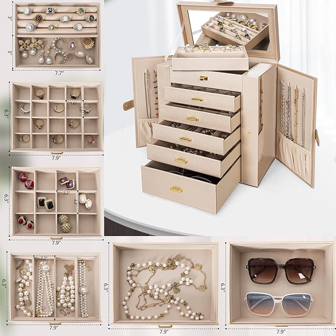 AKOZLIN Huge Jewelry Box Organizer Functional Extra Large Leather Jewelry Storage Case for Women Girls Ring Necklace Earring Bracelet Holder Organizer with Mirror