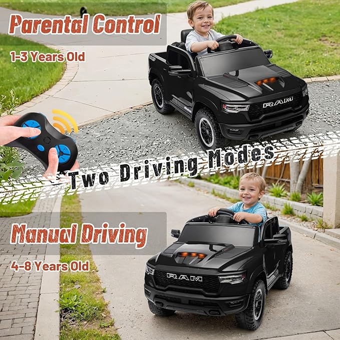 Licensed Ram 1500 Ride on Toys for Kids 4-8, Ride-on Electric Car for Kids with Remote Control, Battery Powered with Car Key/Gear Selector, LED Light/Music/MP3, Back Storage (Black)