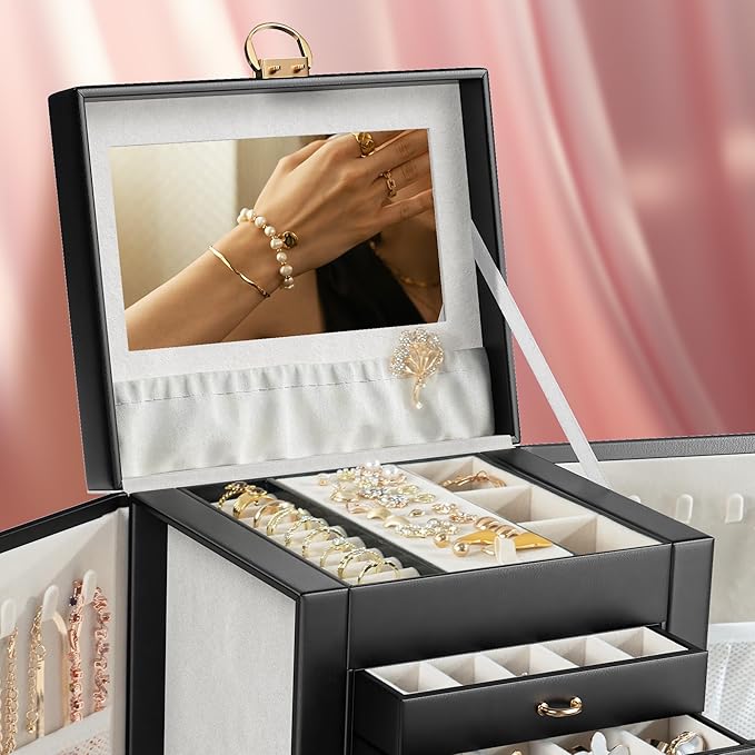 5-Layer Jewelry Box with 4 Drawers, Huge Portable Jewelry Organizer with Lock and Mirror for Women, for Necklace Ring Earring Bracelet Storage, Lockable Jewelry Case, Black