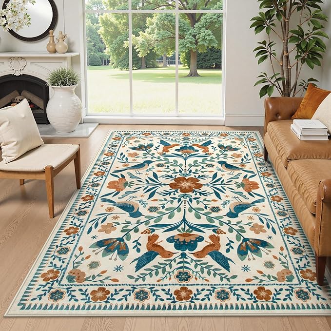 Moynesa Washable Boho Bird 6x9 Area Rugs, Ultra Thin Soft Living Room Rugs for Bedroom Non Slip, Stain Resistant, Easy Clean, Large Beige Indoor Throw Carpet for Dining Room Office Nursery