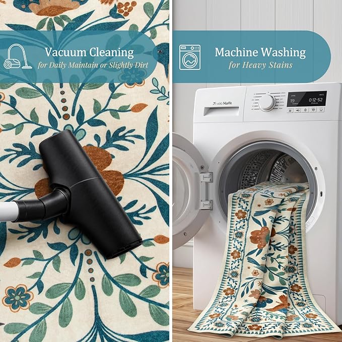 Morebes Washable Floral 8x10 Area Rugs for Living Room, Soft Insect Rug for Bedroom Non Slip, Ultra-Thin Distressed Birds Indoor Floor Throw Carpet for Classroom Playroom Farmhouse, Beige/Multi