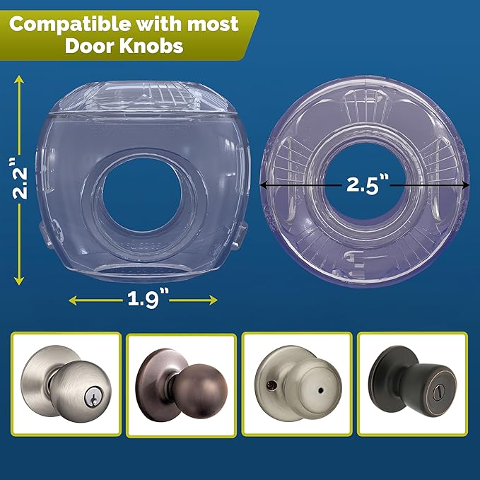 Child Safety Door Knob Cover (4 Pack) Hard-to-Remove Dual-Lock Door Handle Covers for Kids - Reusable Baby Proof Door Knob Locks - Installs Easily, No Tools Needed (Clear)