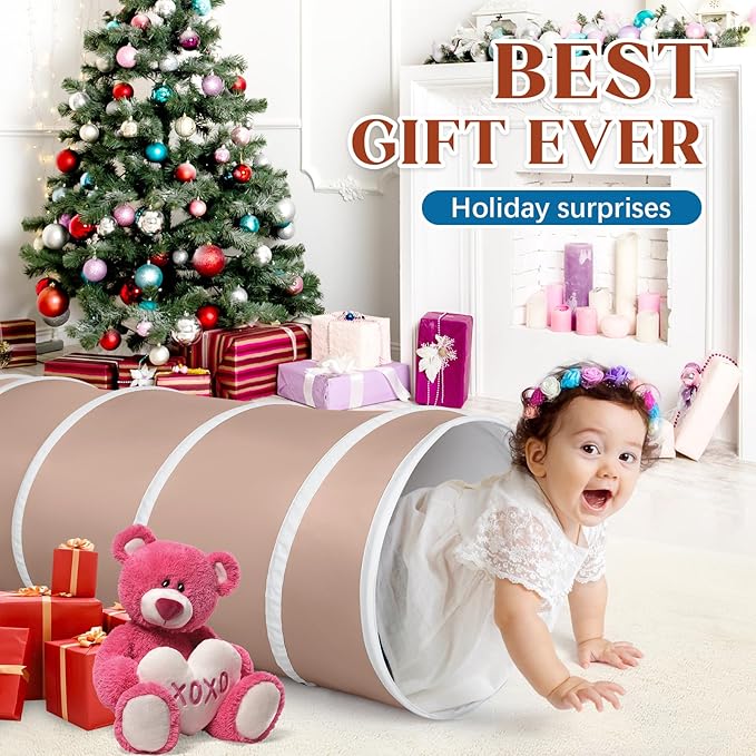 Kids Play Tunnel Tent for Toddlers, Pop Up Crawl Tunnel Toy for Baby or Pet with Neutral Color, Collapsible Gift for Boy and Girl Play Tunnel Indoor and Outdoor Game (Brown Tunnel)