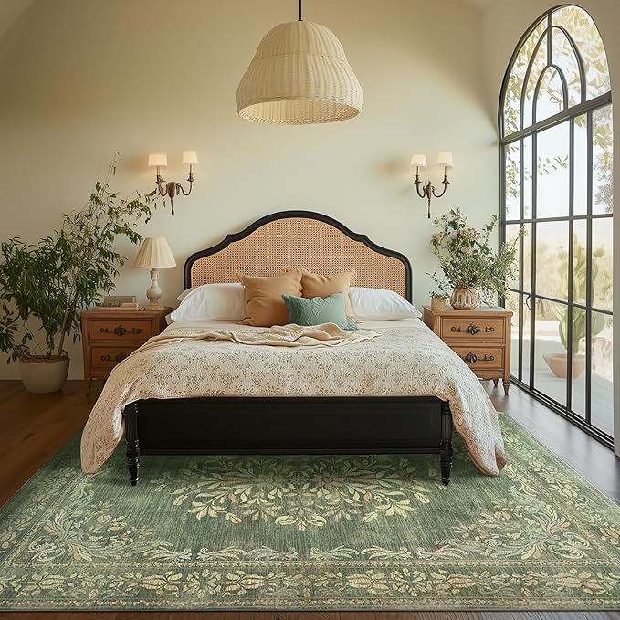 jinchan Green Floral 8x10 Area Rugs for Living Room - Machine Washable Vintage Distressed Design Soft Throw Rug Non-Slip Large Carpet for Bedroom Nursery Dining Room Home Office (8x10ft,Dark Green)